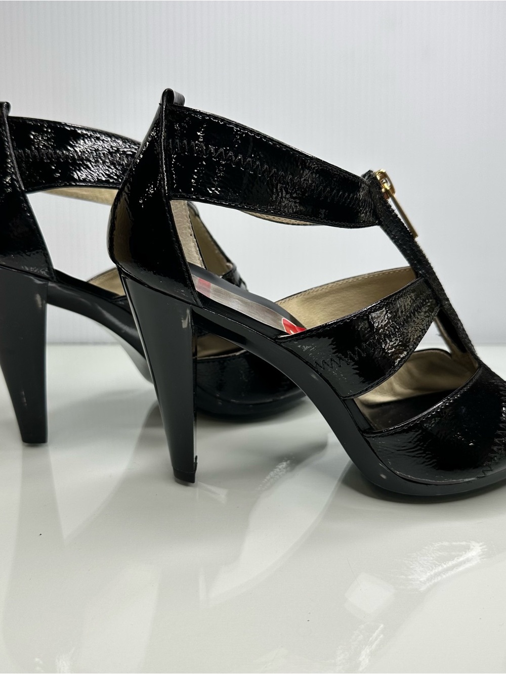Michael Kors Black Patent T-Strap Platform Sandals with Gold Buckle